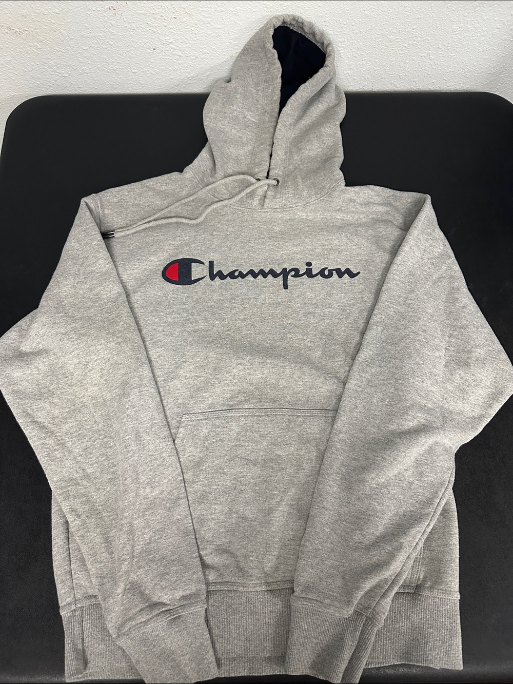 Champion Gray Crewneck Logo Hoodie with Red Accent